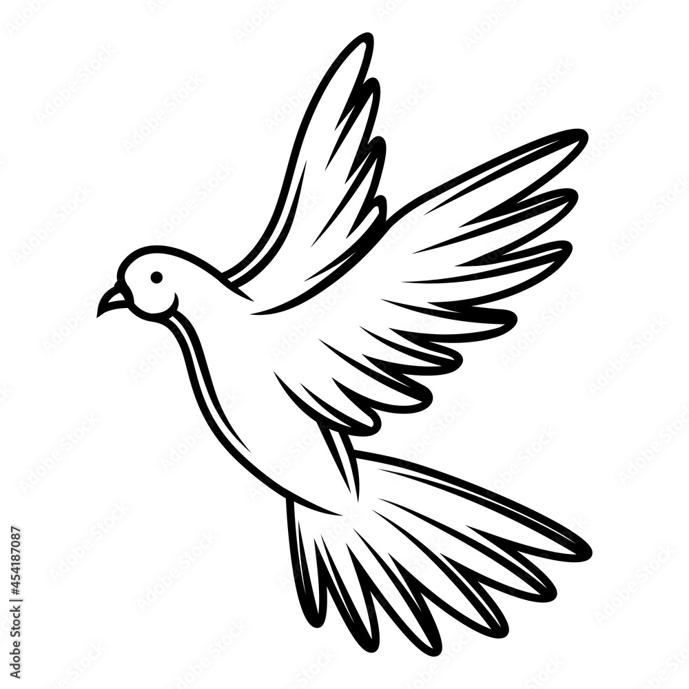 Illustration of flying dove. Black and white stylized picture.