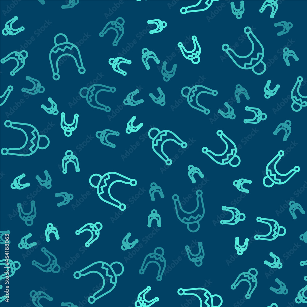 Green line Winter hat icon isolated seamless pattern on blue background. Vector Green line Winter hat icon isolated seamless pattern on blue background. Vector