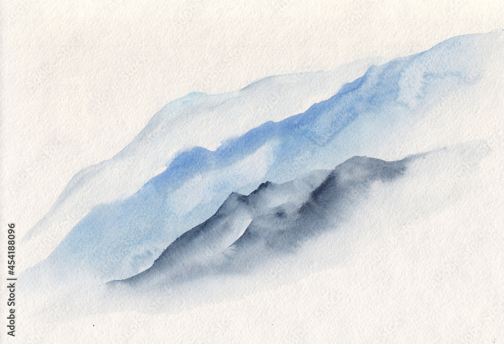 Fototapeta premium Watercolor landscape painting of blue vibrant mountain peaks. Peaceful tranquil hand drawn nature background for meditation, print, greeting card, calm mind concept. Original artwork on paper.