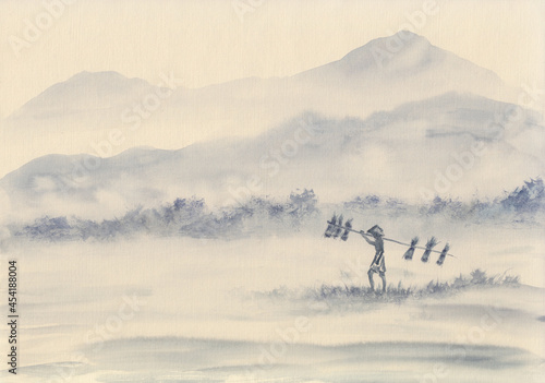Hand drawn stock illustration of harvesting rice. Peaceful Chinese ink style painting. Tranquil Asian mountains landscape. Background for card, print, meditation. Calm nature backdrop.