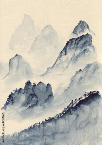 Watercolor painting of blue asian mountains. Hand drawn oriental peaceful landscape with layers of rocks. Concept for decoration, relaxation, serene meditation background. Vertical artwork on paper.