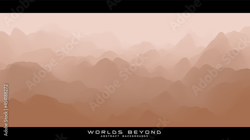 Abstract beige landscape with misty fog till horizon over mountain slopes. Gradient eroded terrain surface. Worlds beyond.