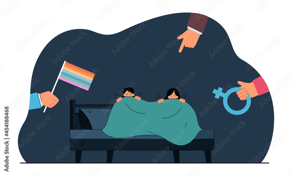 Girls hiding from hands holding rainbow flag and female symbol. Society ...