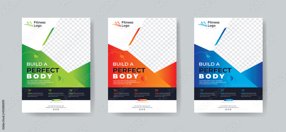 3 colorful accents template fitness body building and gym flyer A4 size template