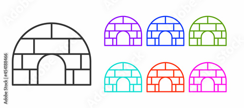 Black line Igloo ice house icon isolated on white background. Snow home, Eskimo dome-shaped hut winter shelter, made of blocks. Set icons colorful. Vector