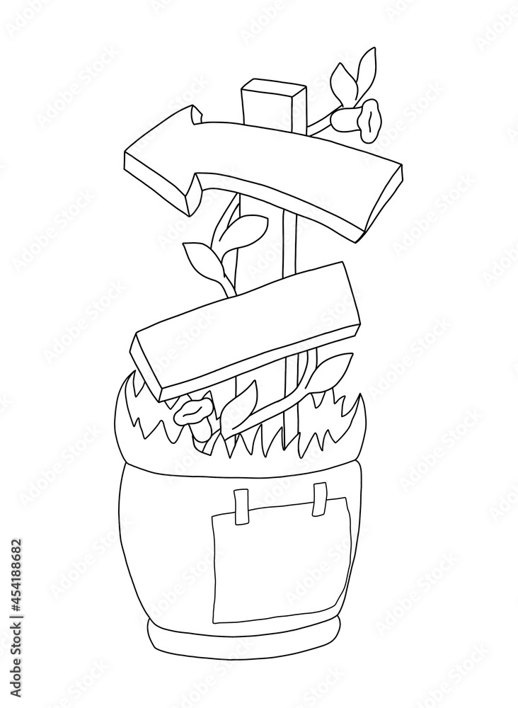The outline of an ivy-braided sign with a left-pointing arrow and sign mounted in a flower pot with grass, to which a sheet of paper is attached. Hand drawn illustration.