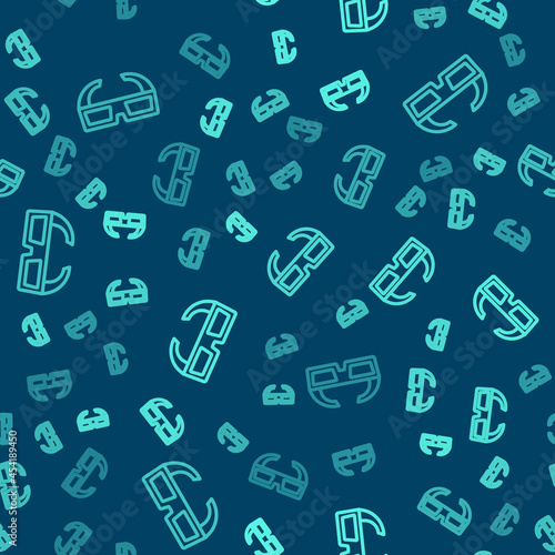 Green line 3D cinema glasses icon isolated seamless pattern on blue background. Vector
