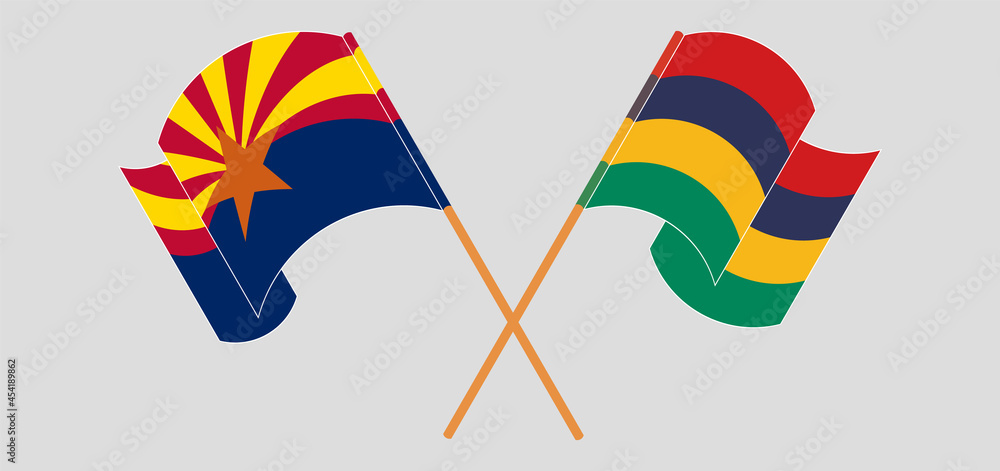 Crossed and waving flags of the State of Arizona and Mauritius Crossed and waving flags of the State of Arizona and Mauritius