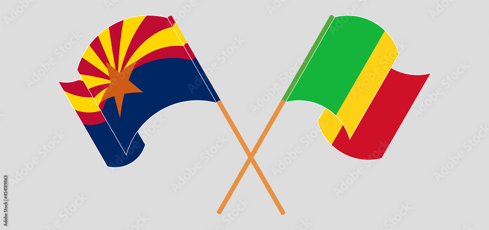 Crossed and waving flags of the State of Arizona and Mali Crossed and waving flags of the State of Arizona and Mali