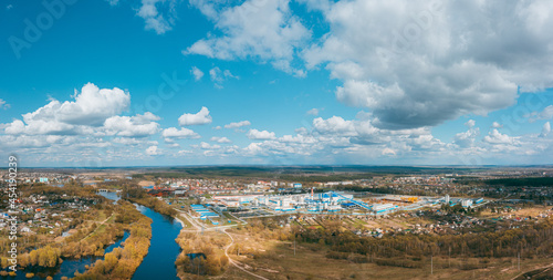 Aerial View Of Modern Paper Factory In Sunny Spring Day. Bird's-eye View Of Dobrush Cityscape. Dobrush, Gomel Region, Belarus