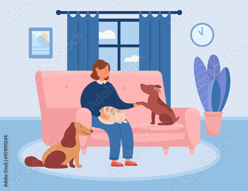 Happy cartoon woman relaxing on couch with pets at home. Girl sitting on sofa in cozy living room with adorable cat and dogs flat vector illustration. Love, domestic animals, hygge concept for banner