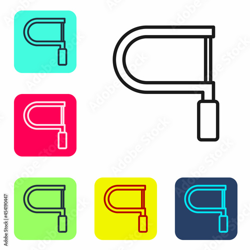 Black line Hacksaw icon isolated on white background. Metal saw for wood and metal. Set icons in color square buttons. Vector