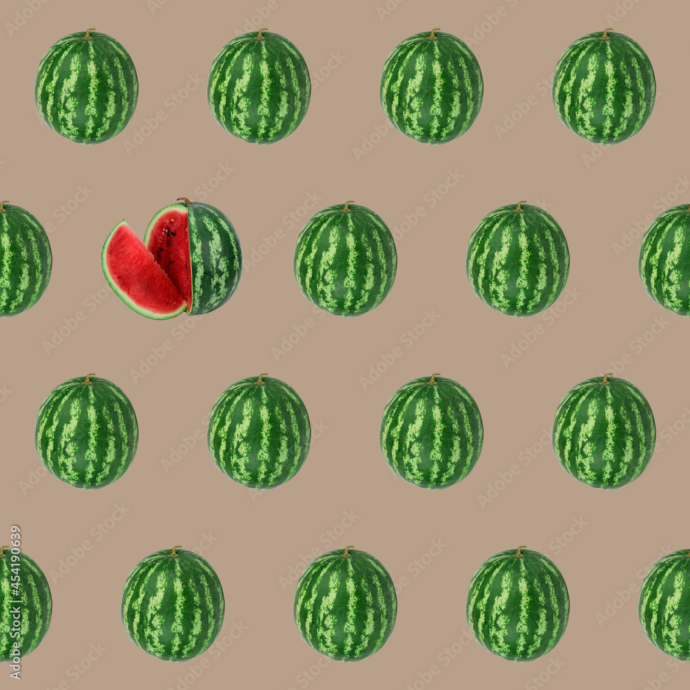 Seamless pattern from whole watermelons. One watermelon in the pattern is cut and a red slice sticks out of it Seamless pattern from whole watermelons. One watermelon in the pattern is cut and a red slice sticks out of it