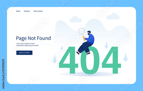 Man Sitting On Number 404 Holding Magnifying Glass, Page Not Found. Empty State