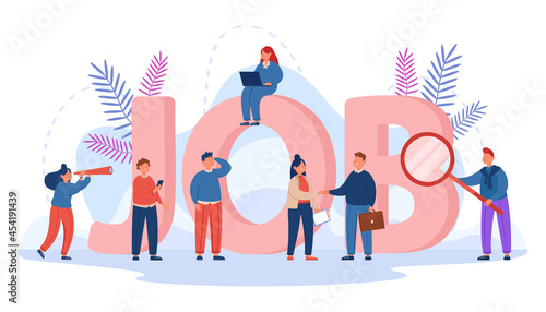 Tiny people searching for business opportunities. Interview with company supervisor, word job in background flat vector illustration. Employment, HR concept for website design or landing web page