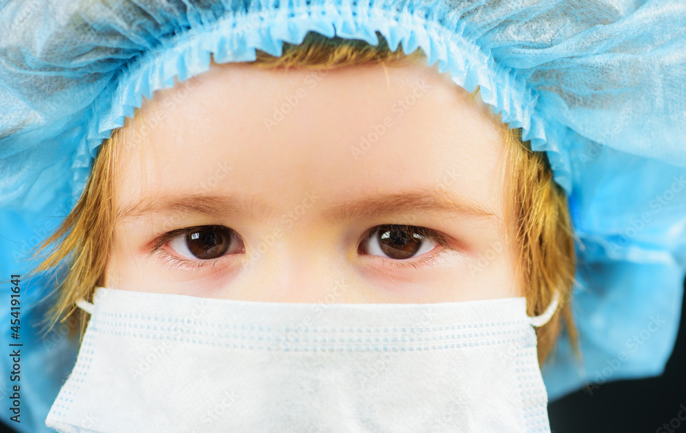 Child in mask for protection against Covid-19 coronavirus pandemic. Illness prevention. Small boy in medical cap and mask. Closeup. Child in mask for protection against Covid-19 coronavirus pandemic. Illness prevention. Small boy in medical cap and mask. Closeup.