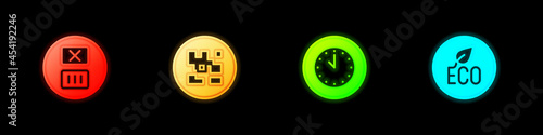 Set Temperature wash, QR code, Clock and Leaf Eco symbol icon. Vector