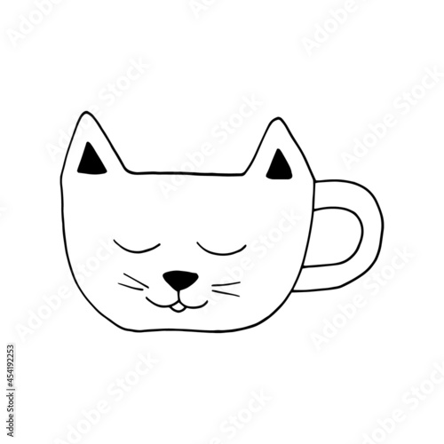 cup in the form of a cat face hand drawn doodle. vector, minimalism. hot drink, cocoa, coffee, tea, sticker, icon, menu, print.