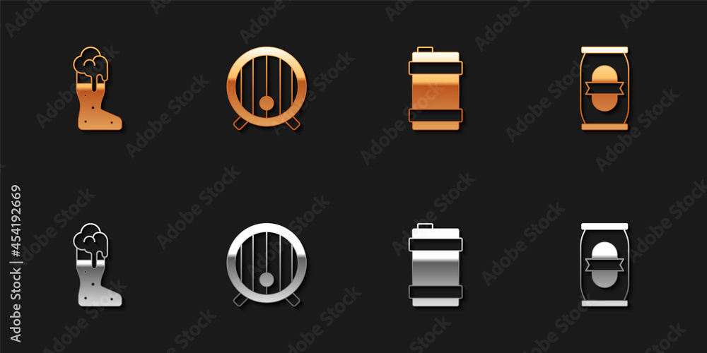 Set Boot beer glass, Wooden barrel, Metal keg and Beer can icon. Vector Set Boot beer glass, Wooden barrel, Metal keg and Beer can icon. Vector