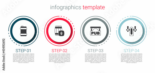 Set Metal beer keg, Wooden barrel, Street signboard with Pub and Beer tap. Business infographic template. Vector