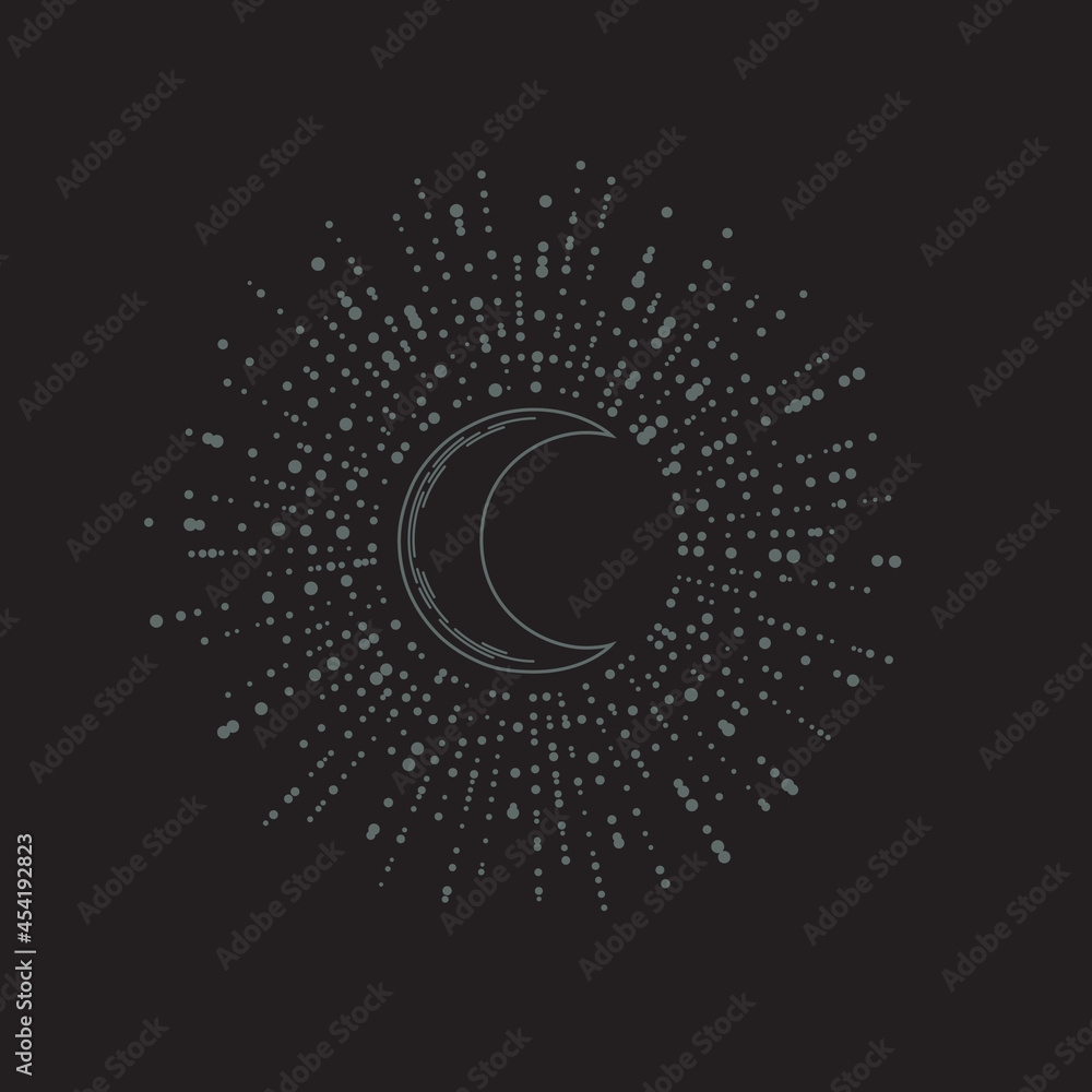Vector dark boho moon with radial beams on a black background. Sketch of a shining crescent tattoo in retro style. Dark mystical illustration with a magical symbol Vector dark boho moon with radial beams on a black background. Sketch of a shining crescent tattoo in retro style. Dark mystical illustration with a magical symbol