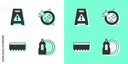 Set Dishwashing liquid bottle, Wet floor, Sponge and Washing dishes icon. Vector