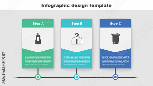 Set Dishwashing liquid bottle, Hanger wardrobe and Trash can. Business infographic template. Vector