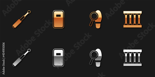 Set Telescopic baton, Police assault shield, Footsteps and Prison window icon. Vector