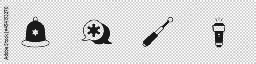Set British police helmet, Hexagram sheriff, Telescopic baton and Flashlight icon. Vector