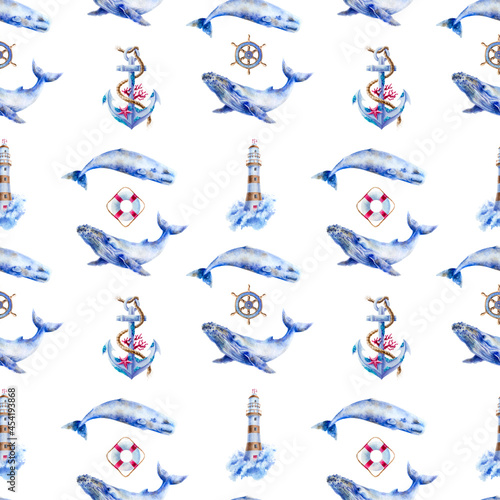 Seamless pattern with cute whales. Hand drawn watercolor illustration with whales  anchor  lighthouse  lifebuoy and helm. Perfect for wrapping paper  wallpapers  prints and textile.
