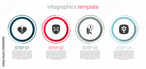 Set Broken heart or divorce, Drama theatrical mask, Man graves funeral sorrow and Psychology, Psi. Business infographic template. Vector