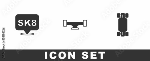Set Skateboard, wheel and Longboard or skateboard icon. Vector