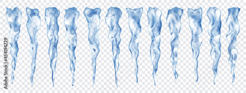Set of translucent realistic gray icicles of different lengths on transparent background. Transparency only in vector format