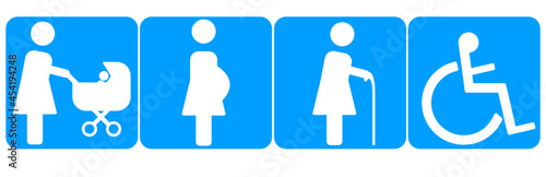 elderly, stroller, disabled, pregnant.on a blue background.
vector design Eps 10.