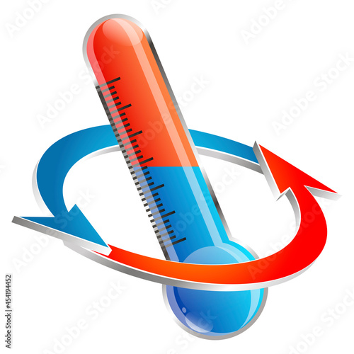 Thermometer red arrow heating and blue arrow cooling, air conditioner symbol