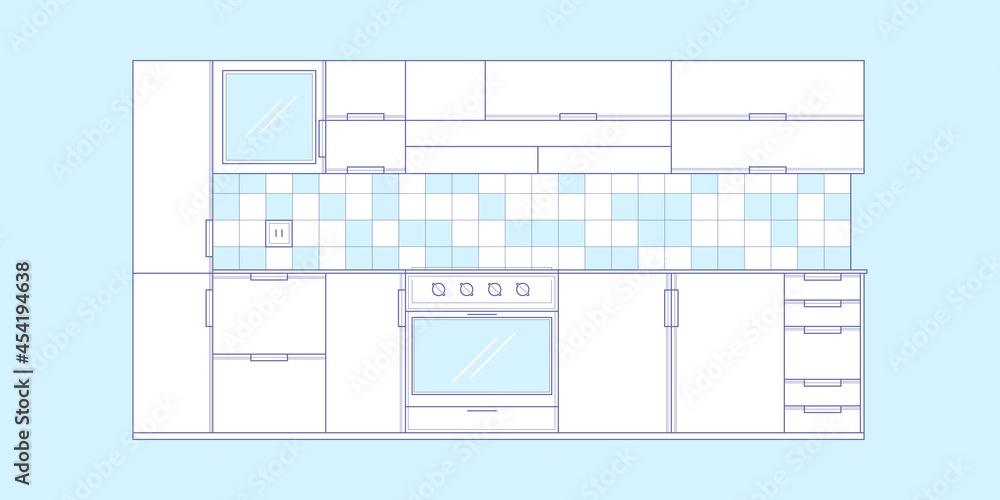 Kitchen drawing.Interior sketch of a kitchen room.Modern home furniture.Vector illustration.