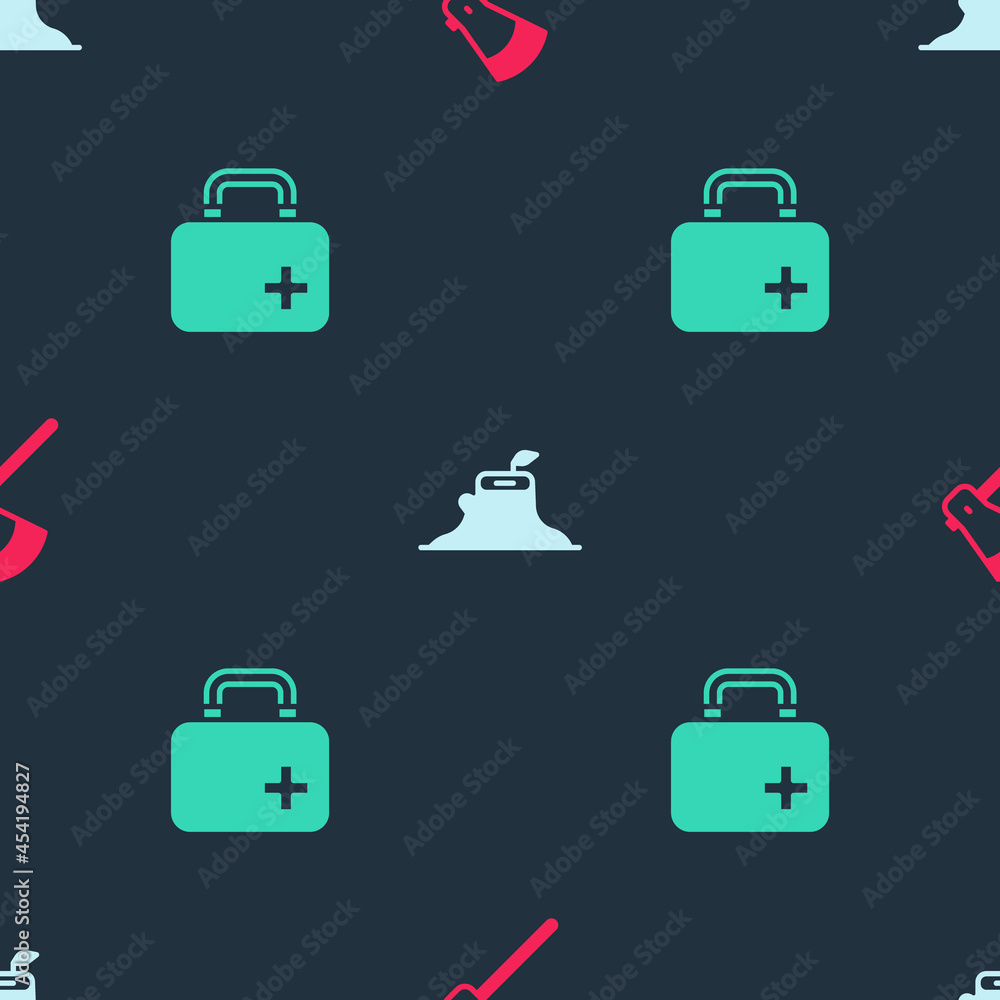 Set Wooden axe, Tree stump and First aid kit on seamless pattern. Vector Set Wooden axe, Tree stump and First aid kit on seamless pattern. Vector