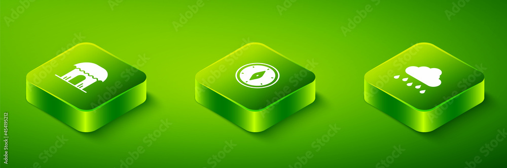 Set Isometric Compass, Cloud with rain and African hut icon. Vector Set Isometric Compass, Cloud with rain and African hut icon. Vector