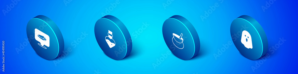 Set Isometric Magic stone, Witch cauldron, Ghost and Bottle with potion icon. Vector Set Isometric Magic stone, Witch cauldron, Ghost and Bottle with potion icon. Vector