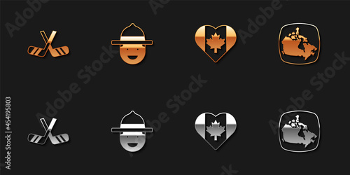 Set Ice hockey sticks, Canadian ranger hat, Heart shaped Canada flag and map icon. Vector