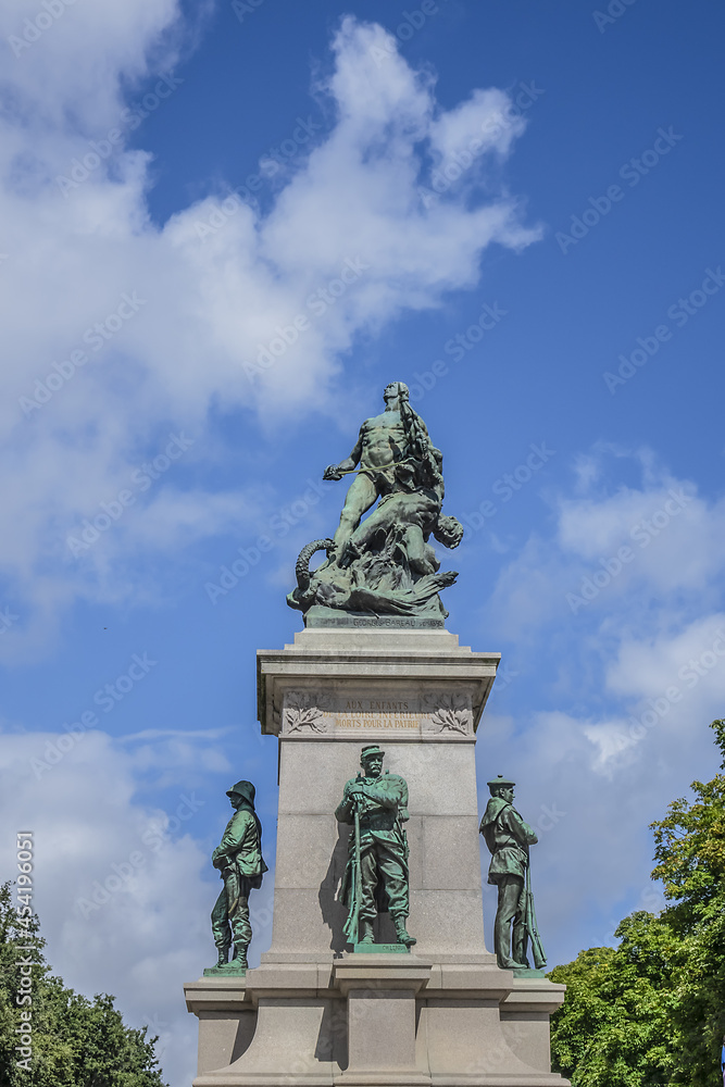 Monument to victims (Memorial Guerre de 1870) commemorates residents of Nantes who gave their lives in the Franco-Prussian War (1870-1871). Nantes, Loire-Atlantique, France.