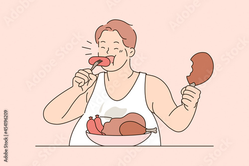 Over eating and unhealthy diet concept. Fat man sitting eating sausages meat with appetite overeating living unhealthy lifestyle vector illustration 
