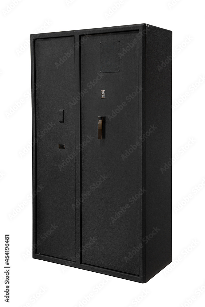 Double wing safe for weapons. A metal gun safe with two doors. Safe storage for weapons. Isolate on a white back Double wing safe for weapons. A metal gun safe with two doors. Safe storage for weapons. Isolate on a white back