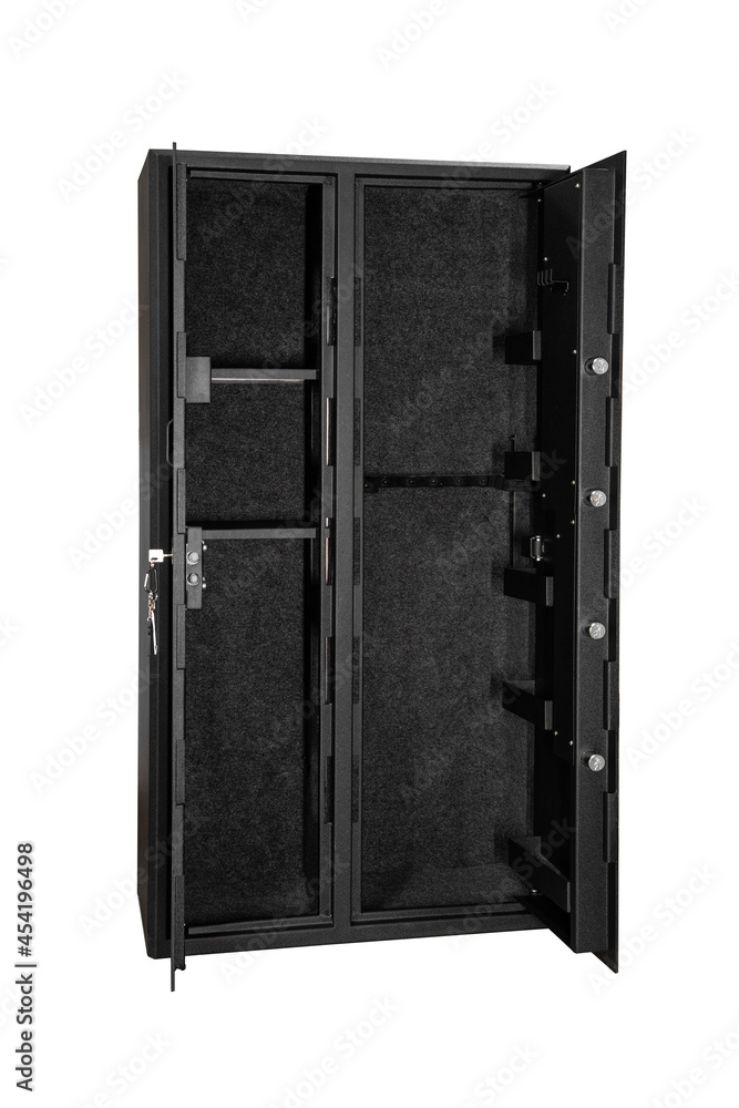 Double wing safe for weapons. A metal gun safe with two doors. Safe storage for weapons. Isolate on a white back Double wing safe for weapons. A metal gun safe with two doors. Safe storage for weapons. Isolate on a white back