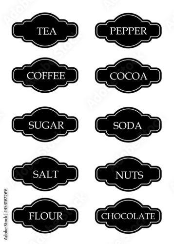 Kitchen seasoning pantry label organizer in black white classic style vector set collection. Kitchen stickers. Vector illustration. 