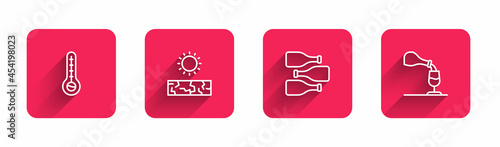 Set line Meteorology thermometer, Drought, Bottles of wine and Wine tasting, degustation with long shadow. Red square button. Vector