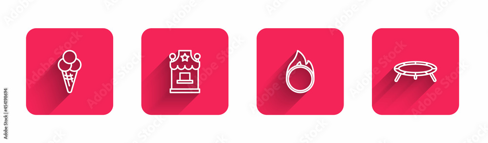 Set line Ice cream in waffle cone, Ticket box office, Circus fire hoop and Jumping trampoline with long shadow. Red square button. Vector Set line Ice cream in waffle cone, Ticket box office, Circus fire hoop and Jumping trampoline with long shadow. Red square button. Vector