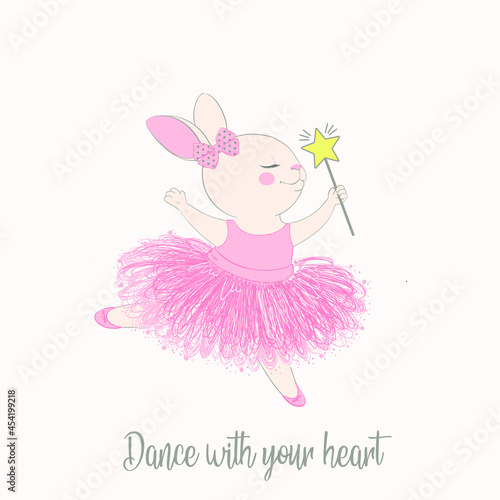 Vector fashion illustration of cute dancing bunny ballerina with beautiful pink dress, magic wand, bow, cartoon card with rabbit dressed ballet tutu, picture drawn with a tablet