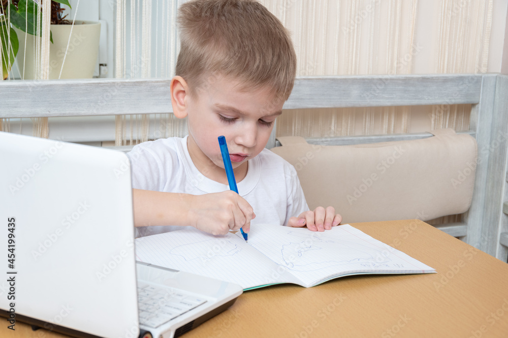 Distance learning online education. Concentrated boy drawing in notebook, doing teacher lesson at home. Distance learning online education. Concentrated boy drawing in notebook, doing teacher lesson at home.