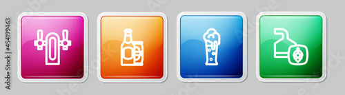 Set line Beer tap, bottle and beer can, Glass of and brewing process. Colorful square button. Vector
